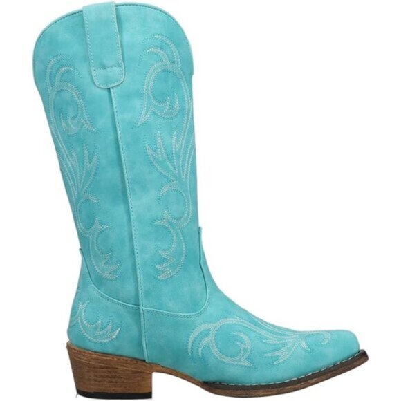 🆕Women Blue Leather-and-Synthetic Vintage Flexible Outsole Cowgirl Boots - Picture 2 of 6